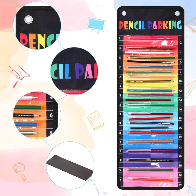 Sabary Pencil Parking Pocket for Classroom,Hanging Pencil Holder Wall Organization Numbered pencils Dispenser with Magnetic Strip Grommets for Back to School Student Essentials(Delicate)
