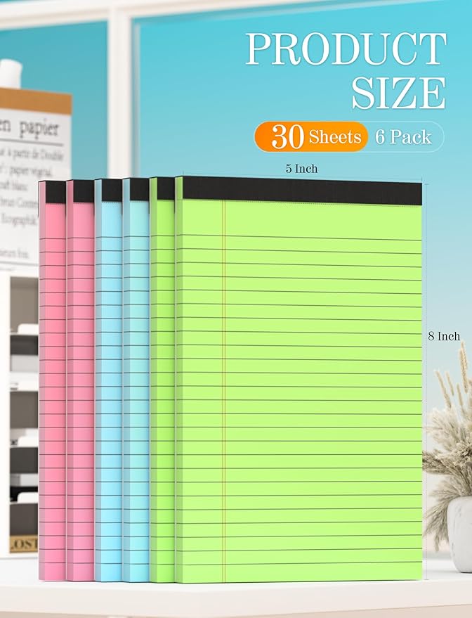 Zaviko Small Legal Pads 5x8 Colored Note Pads, 6 Pack Small Notepads for Work, Pink Notepad 5x8, Colored Legal Pads 5 x 8 for Home Office Supplies, Lined Notebook Paper 5 x 8 Notes, 30 Sheets/Pad