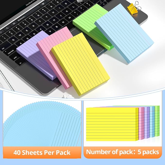 Colored Index Cards 4x6, Flash Cards, Lined Flashcards Notecards, Note Cards for Studying, 180GSM Study Card, 200 Count, 5 Pack of 40