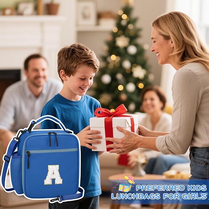 Initial Insulated Lunch Bag for Boys Kids, Back to School Gift, Reusable Leak-proof Lunch Box with Adjustable Strap for School Daycare Travel Picnic（Blue，A）
