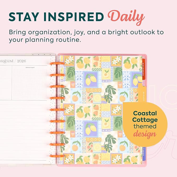 Happy Planner Disc-Bound Planner July 2026–June 2027, Includes 3 Extra Months and 2 Sticker Sheets, Classic Size, 7" x 9.25", Horizontal Layout, Coastal Cottage