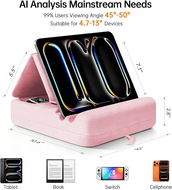 Tablet Pillow Stand with Storage, Foldable iPad Holder for Lep, Bed, Sofa, and Desk - Soft Pad Dock with Pocket and Stylus Mount Compatible with 4-13" iPad Pro/Air/Mini, Galaxy Tab, Kindle