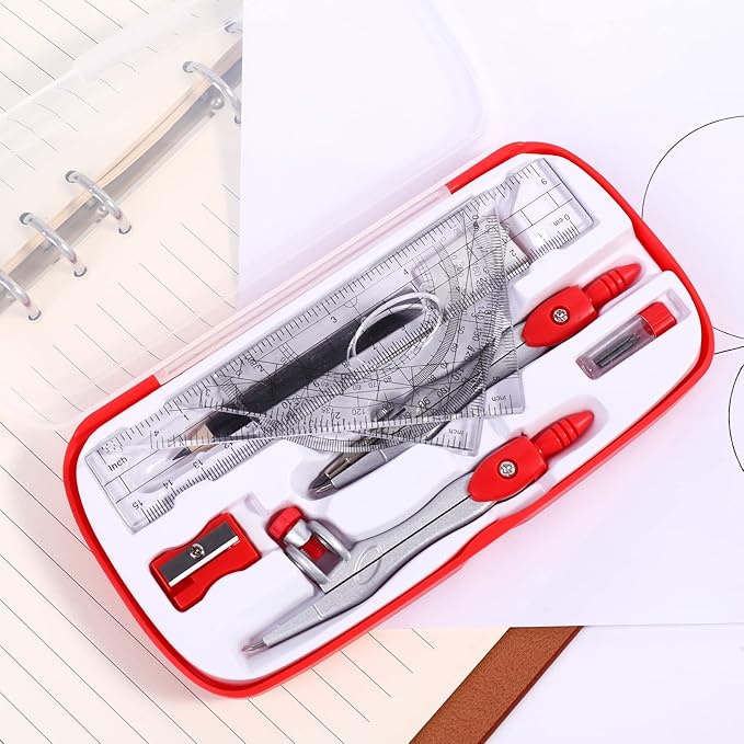 Vobou Math Geometry Kit Sets 10 Piece Student Supplies with Shatterproof Storage Box,Includes Rulers,Protractor,Compass,Eraser,Pencil Sharpener,Lead Refills,Pencil,for Drafting and Drawings（Red）