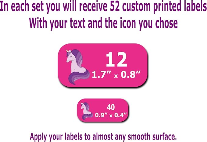 Waterproof Name Labels – Girls, Boys and Kids Icon Designs. 52 Custom Stickers for School, Daycare and Camp. Personalized Labels, Dishwasher and Microwave Safe, Machine Washable.