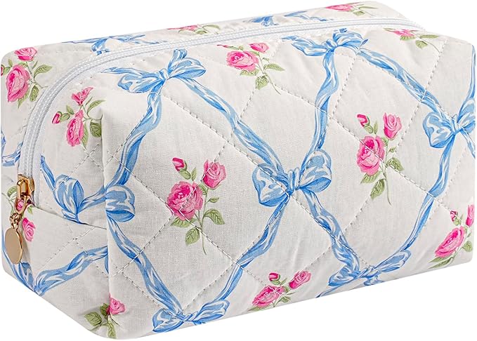 JOVAKIT Square Makeup Bag Cute Cosmetic Bag for Women, Floral Coquette Aesthetic Toiletry Bag, Zipper Make Up Pouch, Travel Make Up Organizer Bag (Blue Bowknot)