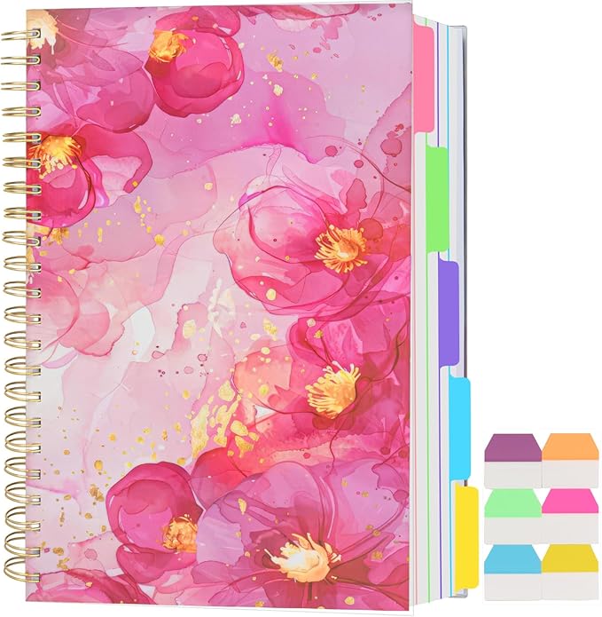 5 Subject Notebook College Ruled, A5 Spiral Notebook with Removable Pocket Dividers Tabs, Lined Organizer Notebook Journal for Women, 240 Pages Notebooks for Work School Note Taking, Pink Floral