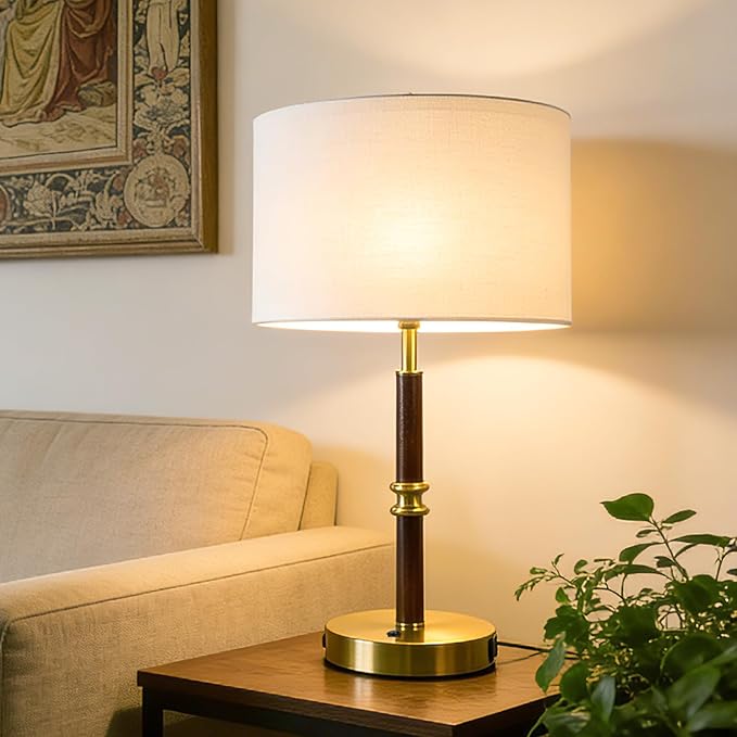 Table Lamp for Bedroom with Dual USB Ports, 19.3" Wood & Metal Mid Century Lamps Table Lamp for Living Room, Bedside Table Lamp with Linen Shade, Home Decor (Bulb Not Included)
