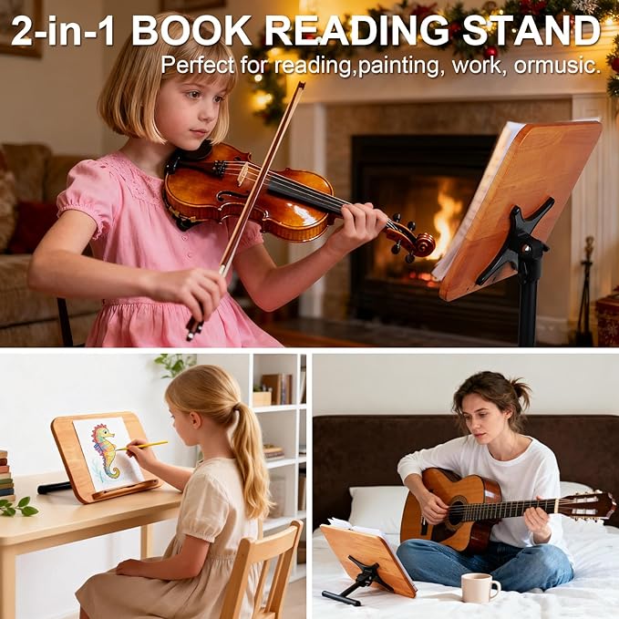 2 in 1 Dual-use Music Stand & Desktop Book Stand, Adjustable Height 16.5"-51", 100% Solid Wood Laptop Floor Stand Book Holder with Elastic Page Clips for Cookbooks, Sheet Music (Brown-Wheeled)
