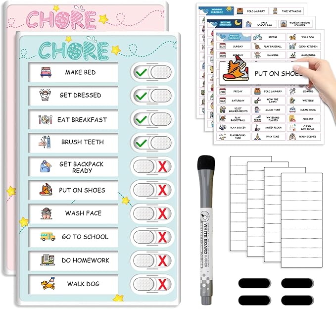 Dry Erase Kids Chore Chart for 2 Kids Pink and Blue - Magnetic Routine Chart with Slider Cute Design Stickers, Morning Bedtime Routine Chart for Toddlers Visual Schedule for Kid