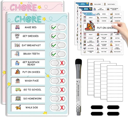 Dry Erase Kids Chore Chart for 2 Kids Pink and Blue - Magnetic Routine Chart with Slider Cute Design Stickers, Morning Bedtime Routine Chart for Toddlers Visual Schedule for Kid