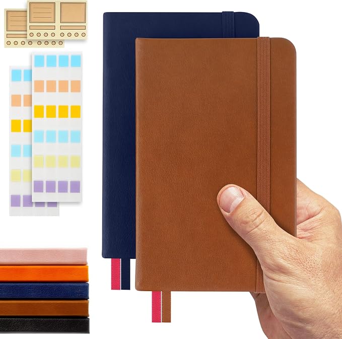 Pocket Dotted Notebook, 2-Pack Dot Grid Notebook, Dotted Journal with Stickers, 3.5" x 5.5" Hardcover, Small Mini A6 size, 160 Pages, 100 gsm Thick Paper, Cognac Brown, Navy Blue