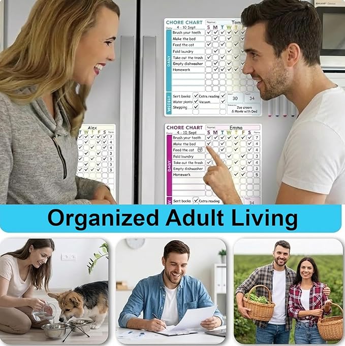 3 Pcs Responsibility Chore Chart Set for Multiple Users, Teens & Adults - Pocket Charts - Fridge Magnetic Whiteboard Set - 3 Individual Dry Erase Organization Charts (10"x10" Each) & 8 Markers