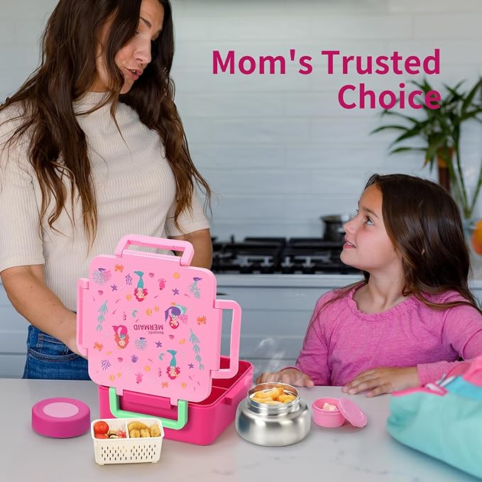 Bento Box for Kids with Thermos, [Large Capacity] Insulated Kids Lunch Box with 4 Compartment for Ages 3+, Drop-Proof & Dishwasher Safe Lunchbox Container Pink