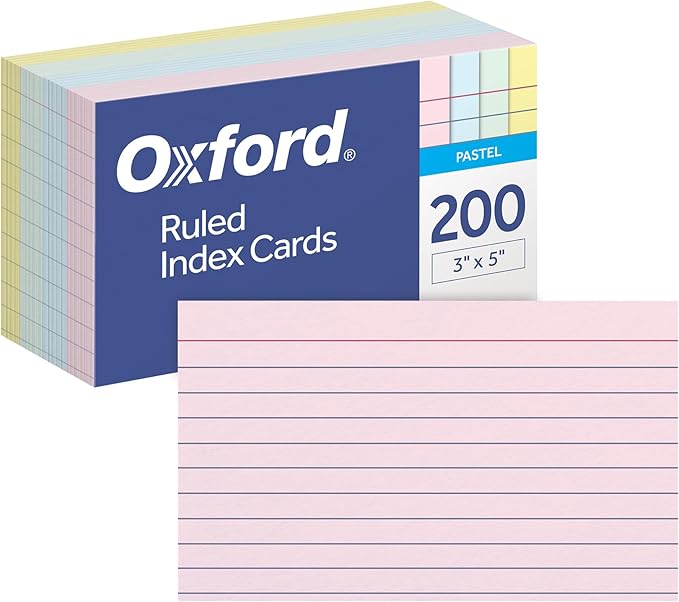 Oxford Ruled Index Cards, Lined Note Cards, Flashcards for School, 4 Assorted Pastel Colors: Pink, Blue, Green and Yellow, 3 Inch x 5 Inch, 200 Cards Per Pack (1017490)