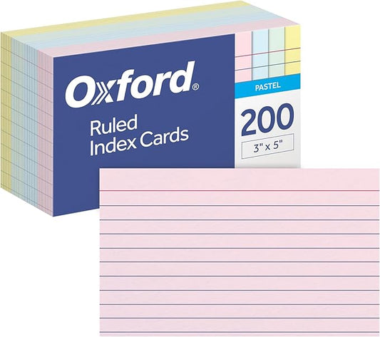 Oxford Ruled Index Cards, Lined Note Cards, Flashcards for School, 4 Assorted Pastel Colors: Pink, Blue, Green and Yellow, 3 Inch x 5 Inch, 200 Cards Per Pack (1017490)