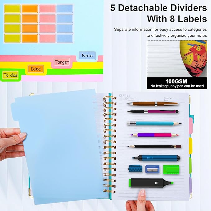Hardcover Spiral Notebook 8"x10" Journal Notebook with Tabs and Removable Dividers 300 Pages 5 Subject Notebook College Ruled, Faux Leather Spiral Bound Notebook for Women School Work (Black)