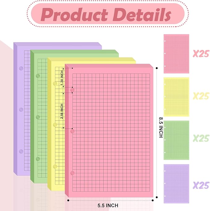 100 sheet Half Letter Graph Paper Refill 3 Hole Punch 5-1/2 x 8-1/2 College Ruled Grid Paper Pad Math Graph Paper Pad Colored Mini Binder Paper Planner Inserts Fits 3 Ring Binders For Office