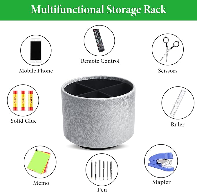 Round Leather Art Supply Organizer,Remote Control Holder,360 Degree Spinning,Multi-Functional Pencil Holder,4 Compartments Desktop Stationary Organizer(1-Lichee Silver)