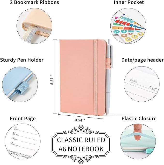 feela 6 Pack Pocket Small Notebooks Bulk, Mini Cute Memo Notepads Hardcover College Ruled Lined Journals with Pen Holder for Women Girls Office School, with 6 Black Pens, 3.5”x 5.5”, A6, Mild Colors