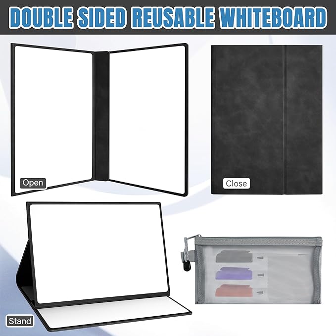 Portable Dry Erase White Board Notebook 6" x 9" (A5) with Stand, Small Double Sided Folding Reusable Whiteboard, Anti-Ghosting Surface Foldable Notebook with 3 Markers & 1 Pen Bag, for Draft, Meeting
