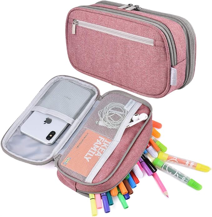 Chelory Large Capacity Pencil Case Big Pencil Bag Pouch 3 Comparments High Storage Pen Marker Cases Holder Office Desk Stationery Organizer Makeup Bag Women Men, Light Pink