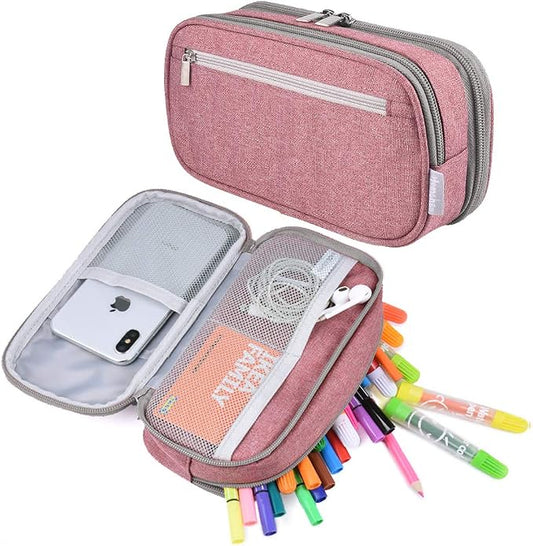 Big Capacity Pencil Case Large Pencil Bag Pouch High Storage Pen Marker Holder 3 Multi Functional Compartments Office Desk Organizer Makeup Bag, Pink
