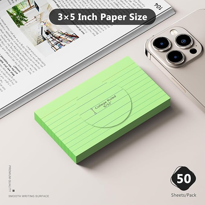 250 Count Index Cards 3 x 5 Inch, Thick Green Lined Note Cards Portable Ruled Flash Cards Perfect for Studying and Organizing, Note Taking Study Flashcards for Home, School and Office