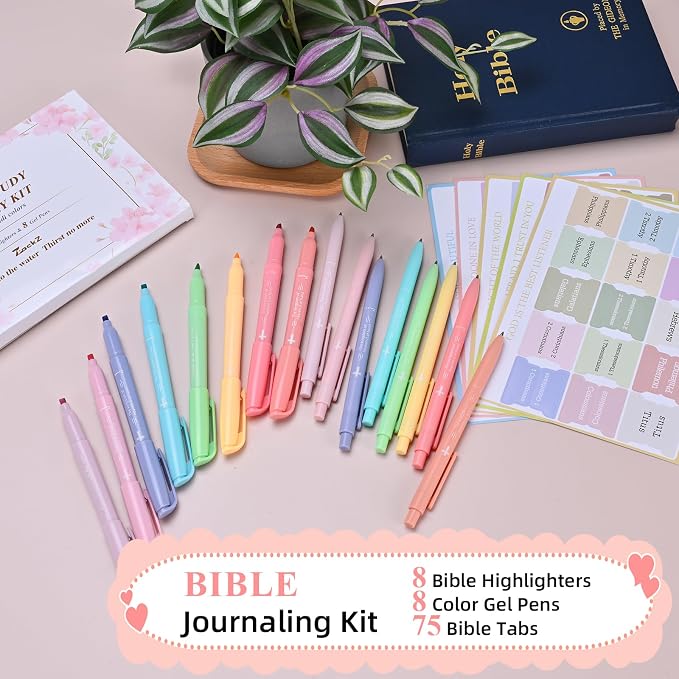 7-ackz Bible Highlighters Assorted Colors and Gel Pens Set, 8 Pastel Highlighter Markers 8 Colored Ink Gel Pens, 75 Tabs, No Bleed, Quickly Dry for Bible Study, Motivational Gift for Christians