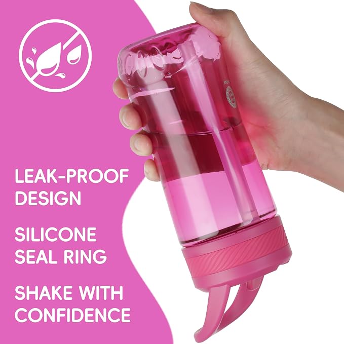 14oz Clear Kids Water Bottle with Straw Lid, BPA-Free Tritan, Measurement Scale, Sturdy Handle Wide Mouth Leak-proof Reusable Plastic Bottle for Boy& Girls, Back to School(Rose)