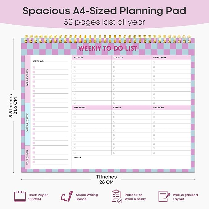 Taja Weekly To Do List Notepad with 52 Undated Sheets（8.5"×11"）- Weekly Desk Planner for Women & Man, Work and Home - 1 Pack Lavender Checkered