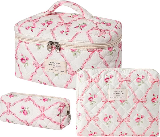 uekeboag Large Travel Quilted Makeup Bag for Women | Soft Floral Cotton Cosmetic Bag, Foldable Coquette Aesthetic Toiletry Organizer