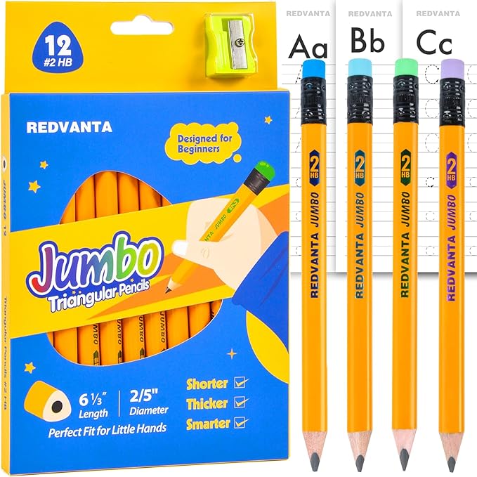 Jumbo HB Pre-sharpened Pencils #2 for Toddlers Preschoolers First Writing, Thick Triangular Grip Fat Pencils with Latex-Free Erasers, Break-Resistant, Back to School Supplies, 12 Count