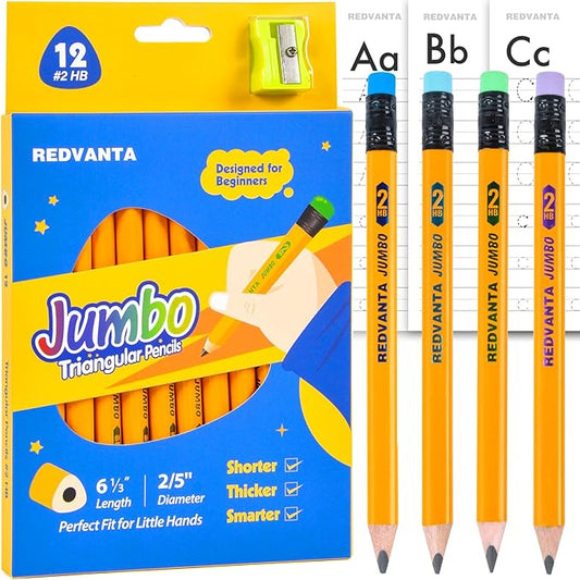Jumbo HB Pre-sharpened Pencils #2 for Toddlers Preschoolers First Writing, Thick Triangular Grip Fat Pencils with Latex-Free Erasers, Break-Resistant, Back to School Supplies, 12 Count