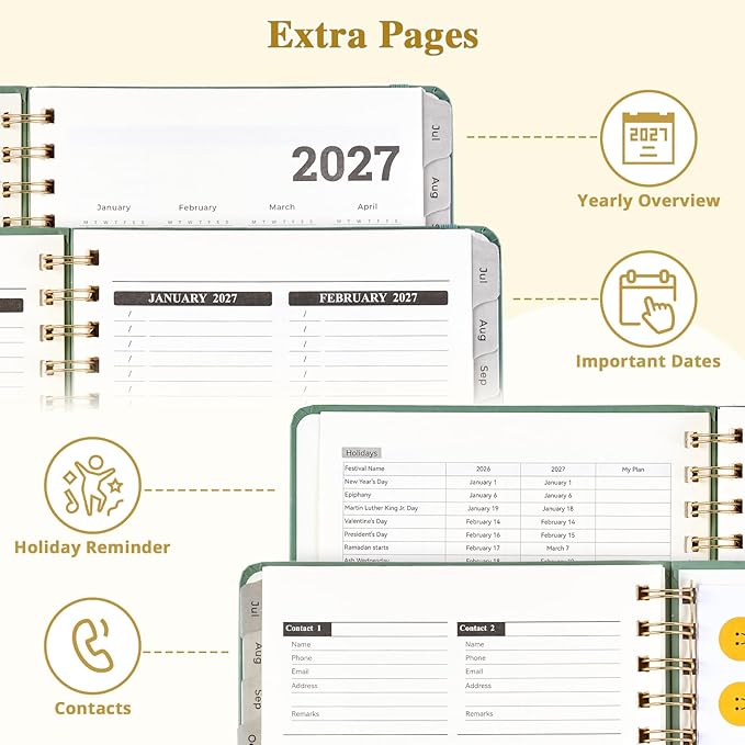 JoyCat 13-Month Academic Planner 2026-2027, June 2026 - June 2027, A5 Weekly & Monthly Planner, Hardcover Agenda with Tabs, 5 Sticker Sheets, Elastic Closure & Pocket for Teachers & Students, 6.3" x 8.5", Green