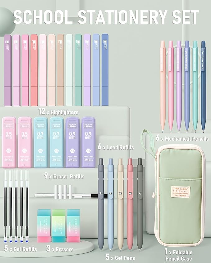 Four Candies 39 PCS Aesthetic School Supplies with Cute Pen Case, 12 Pastel Highlighters, 5 Black Ink Gel Pens, 6 Mechanical Pencils Set for Students Stationary College Essentials (Green)