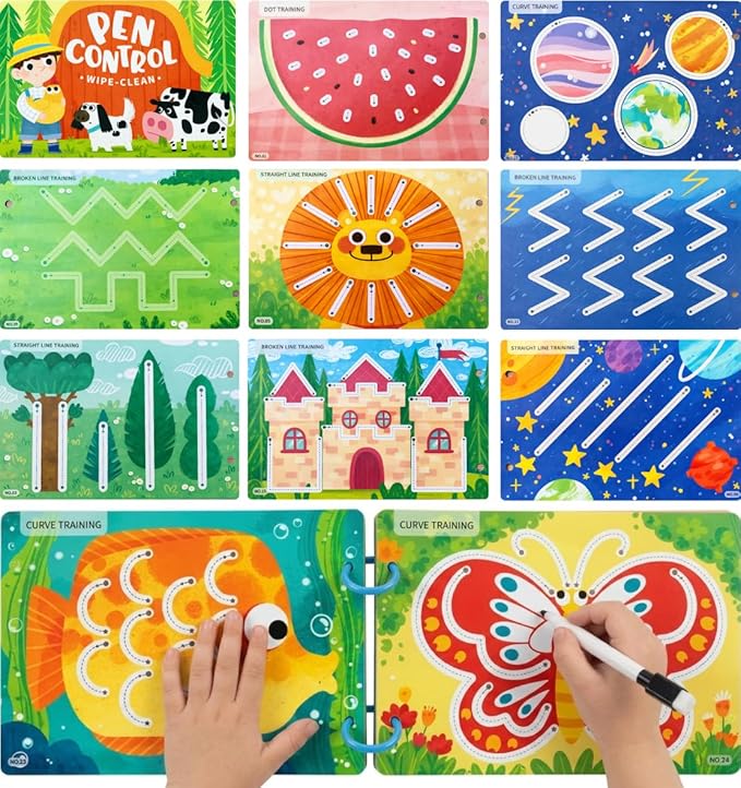Dohoho Reusable Tracing Book for Kids Ages 3-5, 30 Pages Farm-Themed Line Tracing & Pen Control Workbook, Wipe Clean Educational Travel Toy with Dry-Erase Markers for Preschool Learning Activities