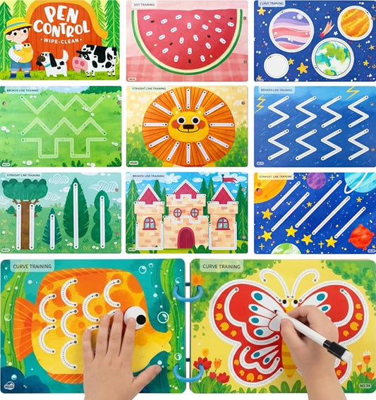 Dohoho Reusable Tracing Book for Kids Ages 3-5, 30 Pages Farm-Themed Line Tracing & Pen Control Workbook, Wipe Clean Educational Travel Toy with Dry-Erase Markers for Preschool Learning Activities