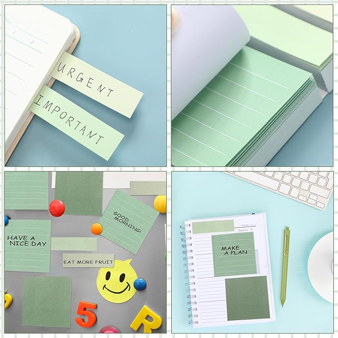 Resurhang Aesthetic Stationery Set Supplies Sticky Notes Set 6 Mini Correction Tapes 6 Retractable Black Ink Pens 0.5mm Fine Point Paper Corrective Pen Self Stick Index Tabs(Green)