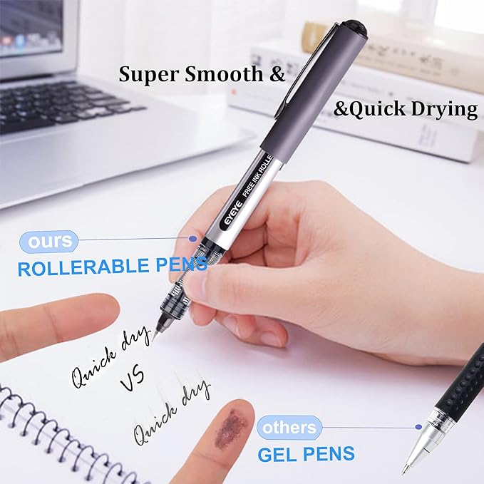 EYEYE 0.5mm Black Pens 12 Pack, Extra Fine Point Rollerball Pen Quick Dry, Liquid Ink Pens Fine Point Smooth Writing Pen for Journaling, Note Taking, Office, School Supplies