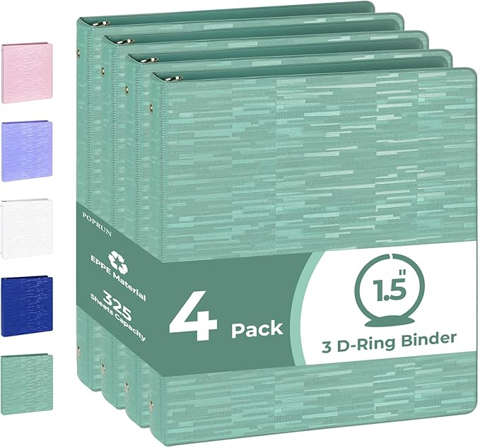POPRUN 3 Ring Binder 1.5 Inch, PVC-Free, Holds 325 Sheets of 8.5 x 11 Paper, Extra Durable Organizer with 2 Pockets for School & Office, Heavy-Duty, 4 Pack, Midnight Green