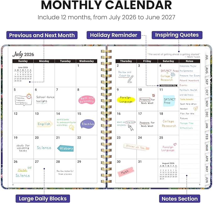 Planner 2026-2027, Monthly and Weekly Academic Planner July 2026 - June 2027, Hardcover Student Teacher Planning Agenda Calendar Book with Tabs, Perfect for Office School Supplies, A5 (6.3" x 8.5") - Lavender Dusk