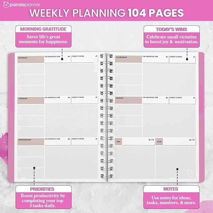 Panda Planner 2026 Undated Weekly Planner, Weekly To Do List Notebook with Spiral Binding - 5.75” x 8.25”, 52 Weeks - Undated Planner with Habit Tracker Notebook for Home, School & Office (Pink)