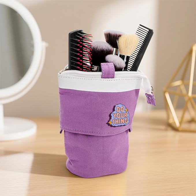 4 Pack Telescopic Pencil Case, Portable Standing Pen Pouch with Pins Zipper, 4 Colors Stand Up Stationary Holder Pop Up Make-up Bag for Pens, Cosmetics, Paintbrushes