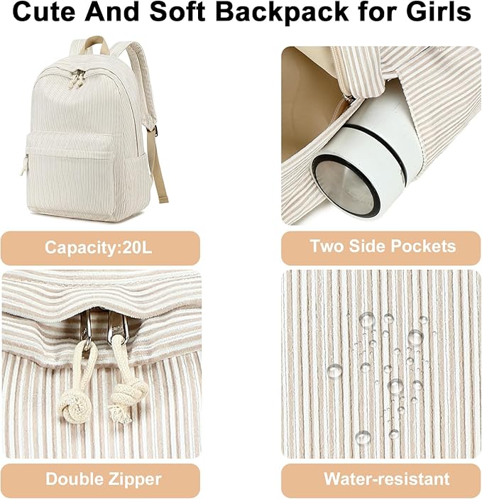 BTOOP School Backpack for Teens Large Corduroy Bookbag Lightweight 15.6 inch Laptop Bag for Girls Women Casual High School College