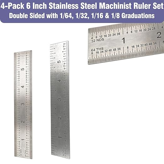 6 Inch Machinist Ruler Set - 4 Pack Stainless Steel Precision Double Sided Ruler with 1/64, 1/32, 1/16 & 1/8 Inch Graduations, Etched Markings - for Engineers,Woodworking and DIY (4, 6 Inch)