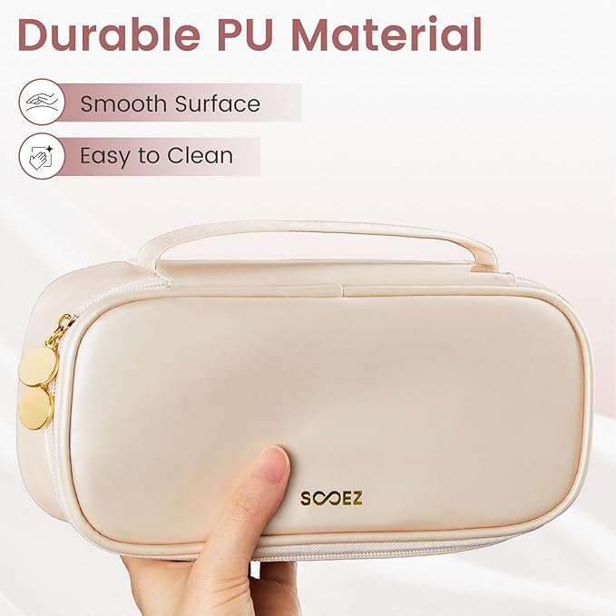 Sooez PU Pencil Case, High Capacity Pencil Bag, Aesthetic Pen Pouch with zipper, 3 Compartment Pen Bag Wide Opening, Portable Stationery Storage and Organizer, School Supplies for Teen, Purple