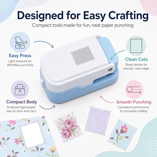 CYFUN DESIGN Stamp Punch, Stamps Cutter, Postage Stamps Edge Paper Punch, Perforated Craft Punches for Junk Journal & Scrapbooking, Stackable Design with Alignment Cutout for Precise Positioning(Blue)