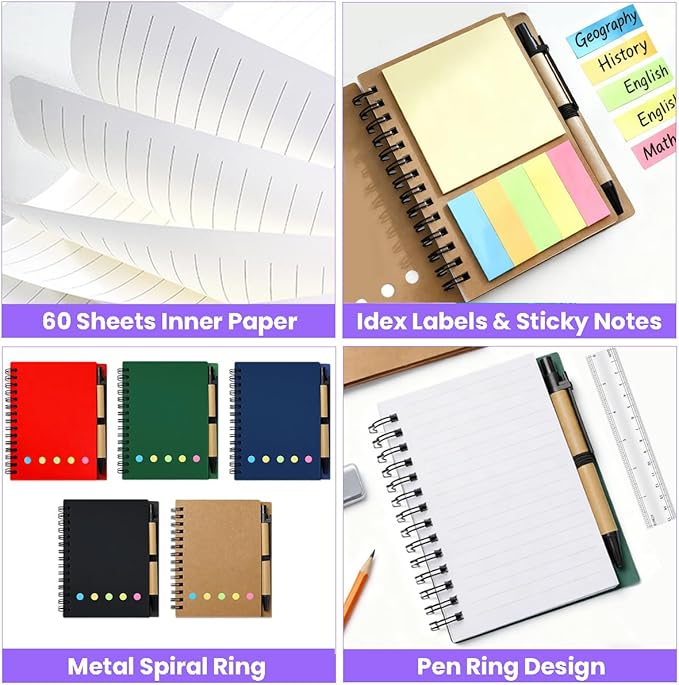 15 Pack Spiral Notebook and Pen Set, Lined Small Pocket Notebook with Pen Sticky Notes Steno Pads Mini Journals Notebooks for Business Office School Supplies, 5 Colors, 60 sheets, 4.25 x 5.3in