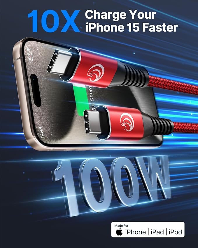 USBC to USBC 100W [3ft/2 Pack] USB C to USB C Fast Charging Cable Braided C to C Charger Cord 5A for MacBook Pro/Air, iPhone 16 15 Pro Max Plus,iPad Pro,Samsung Galaxy S24 Ultra S23,Pixel,PS5,Switch