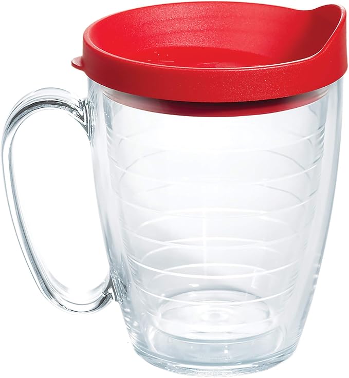 Tervis Clear & Colorful Lidded Made in USA Double Walled Insulated Tumbler Travel Cup Keeps Drinks Cold & Hot, 16oz Mug, Red Lid